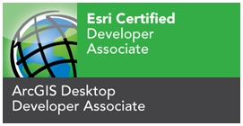 Esri Certified Developer Associate badge with globe icon and green background